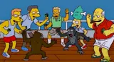 Simpsons still of cartoon men waving cash on a boat deck while two monkeys fight, one holding a bone