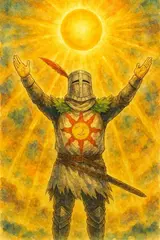 Watercolor illustration of a knight in a sun-emblazoned tabard raising both arms toward a blazing yellow sun