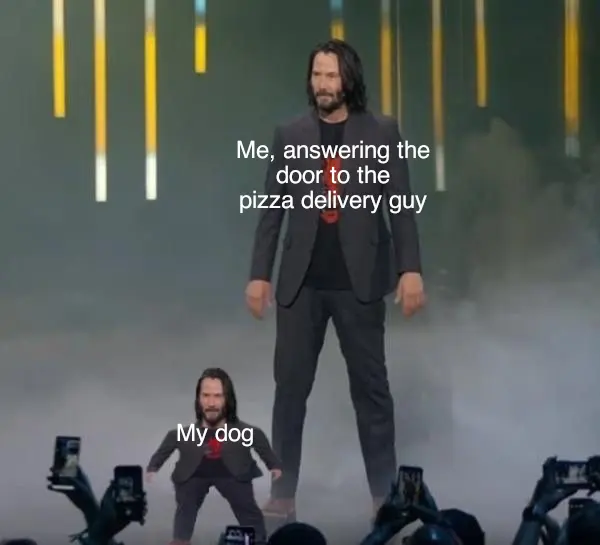 Long-haired man in a dark suit on a stage beside a shrunken copy of himself, labelled "Me, answering the door" and "My dog"