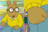 Side-by-side cartoon aardvark in a yellow sweater and round glasses, beside a close-up of his tightly clenched brown fist