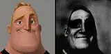 Two panels of the same broad-jawed cartoon superhero: smiling in colour on the left, hollow-eyed and blackened in grainy monochrome right