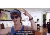 Young man in sunglasses and a backwards cap throwing peace signs, subtitled "Bro, I'm straight-up not having a good time."