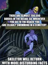Two panels of a purple-hooded skull-faced villain, ending with "SKELETOR WILL RETURN WITH MORE DISTURBING FACTS"