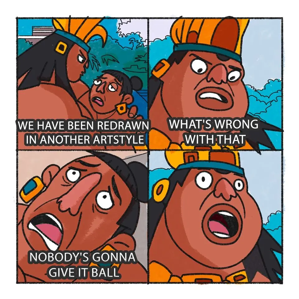 Four-panel cartoon of a burly chief in a feathered headdress reacting with shock, captioned "we have been redrawn in another artstyle"