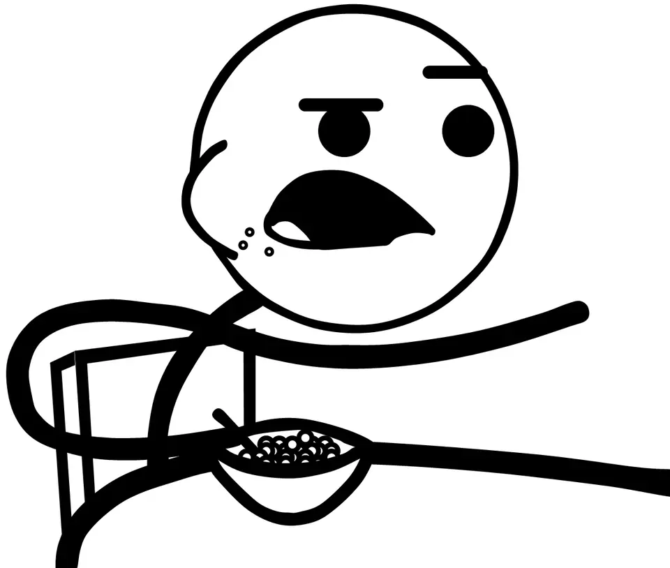 Black-and-white line drawing of a bald man with a raised eyebrow lifting a spoonful from a bowl of cereal