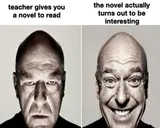Two black-and-white portraits of a bald older man, scowling on the left and grinning broadly on the right, with contrasting captions