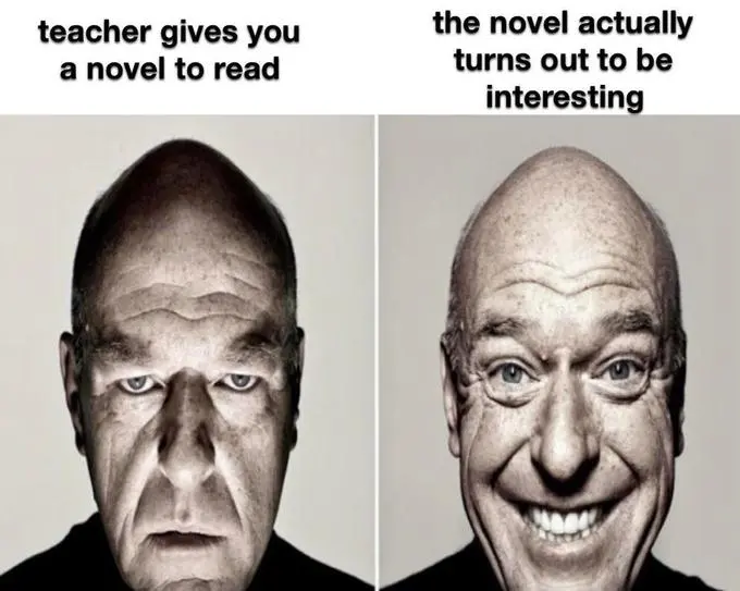 Two black-and-white portraits of a bald older man, scowling on the left and grinning broadly on the right, with contrasting captions