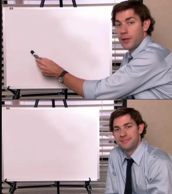 Two-panel template of a man in a blue shirt pointing a marker at a blank whiteboard, then smiling beside it
