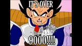 Furious spiky-haired anime warrior in Saiyan armor crushing a scouter, captioned "IT'S OVER" and "9000!!!!"