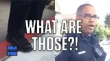 Split video still: close-up of black boots on pavement beside a shouting man in glasses, captioned "WHAT ARE THOSE?!"