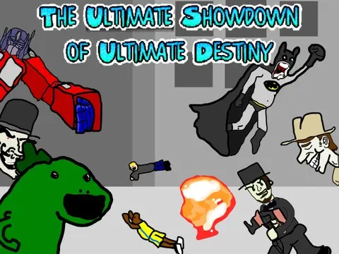Crude MS Paint cartoon brawl of superheroes, a robot and a dinosaur under the title "The Ultimate Showdown of Ultimate Destiny"