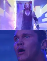 Two-panel wrestling still: long-haired wrestler in black emerges through a smoky lit doorway above a shocked man's face