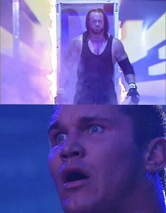 Two-panel wrestling still: long-haired wrestler in black emerges through a smoky lit doorway above a shocked man's face