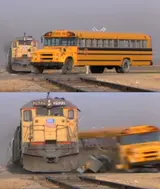 Two-panel crash-test footage: a locomotive bearing down on a yellow school bus stopped across the tracks, then smashing through it