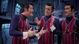 Three LazyTown Robbie Rotten characters in pinstripe costumes from "We Are Number One"