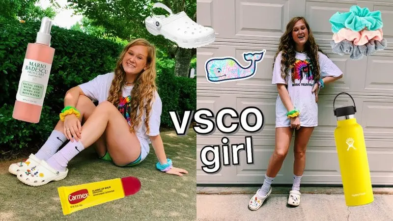 Collage labelled "vsco girl": smiling teen in an oversized tie-dye shirt with Crocs, scrunchies and a yellow water bottle