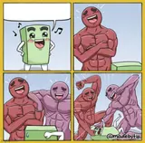 The blank "two buff men beating up a rectangle" template: two muscular men and a green rectangle with an empty speech bubble