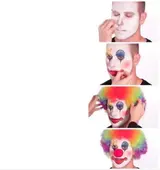 Four stacked panels of a man applying white face paint, colourful clown makeup, rainbow wig and red nose; blank caption space