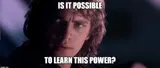 Dimly lit close-up of a young man with curly hair glancing sideways, captioned "Is it possible to learn this power?"