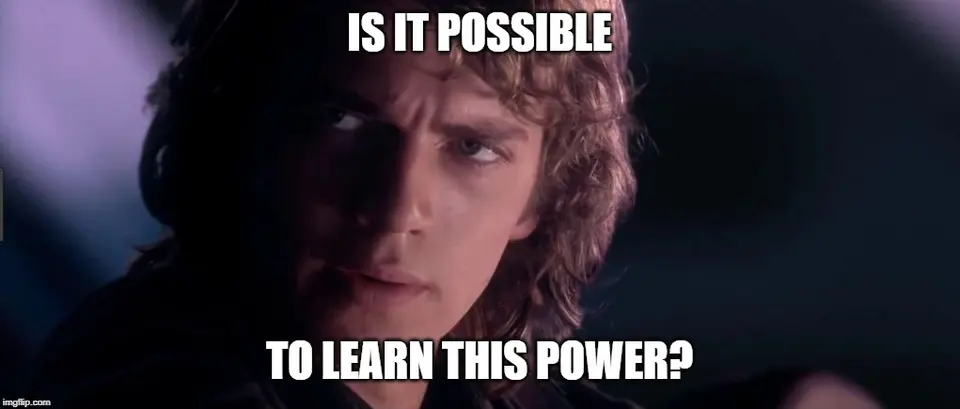 Dimly lit close-up of a young man with curly hair glancing sideways, captioned "Is it possible to learn this power?"