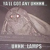 Extreme close-up of a moth with glowing orange eyes, captioned "Ya'll got any uhhhh... uhhh... lamps"