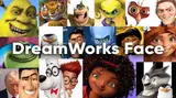 Collage of smirking animated characters — a green ogre, a tiger, penguins, wolves — overlaid with bold white text "DreamWorks Face"