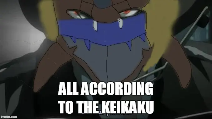 Dark armoured anime creature with red eyes and a blue mouth guard, captioned "ALL ACCORDING TO THE KEIKAKU", imgflip watermark