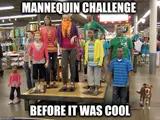 Shoppers standing motionless among clothing-store mannequins, captioned "MANNEQUIN CHALLENGE" and "BEFORE IT WAS COOL"