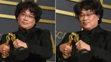 Side-by-side press photos of a smiling man in a tuxedo holding two golden Oscar statuettes face to face