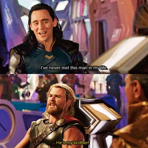 Two stills: a dark-haired man subtitled "I've never met this man in my life" and a blond warrior answering "He's my brother!"