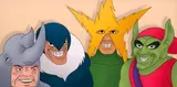 Four grinning cartoon supervillains lined up: a rhino-headed man, a blue bird-man, a yellow lightning figure and a green goblin