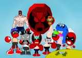 Stylized fan art of the buff Homestar Runner cast in Strong Bad luchador masks