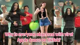 Three-panel video collage of people performing a hand-and-arm dance, captioned "Why is everyone obsessed with viral Apple dance on TikTok?"