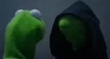Kermit the Frog facing a second Kermit wearing a dark hooded cloak against a gray background