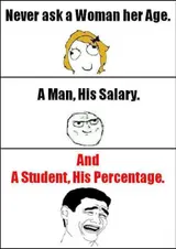 Three-panel rage-comic: never ask a woman her age, a man his salary, a student his percentage