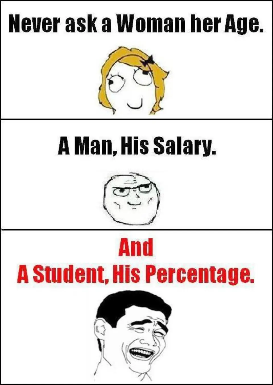 Three-panel rage-comic: never ask a woman her age, a man his salary, a student his percentage
