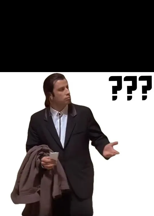 Man in a black suit with long hair holding a coat, palm out and glancing around bewildered, with "???" beside him