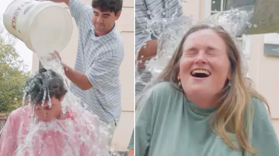 Two panels of people outdoors having buckets of ice water poured over their heads, laughing and drenched