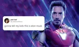 Tweet reading "gonna tell my kids this is elon musk" laid over Avengers artwork of Iron Man in red-and-gold armor
