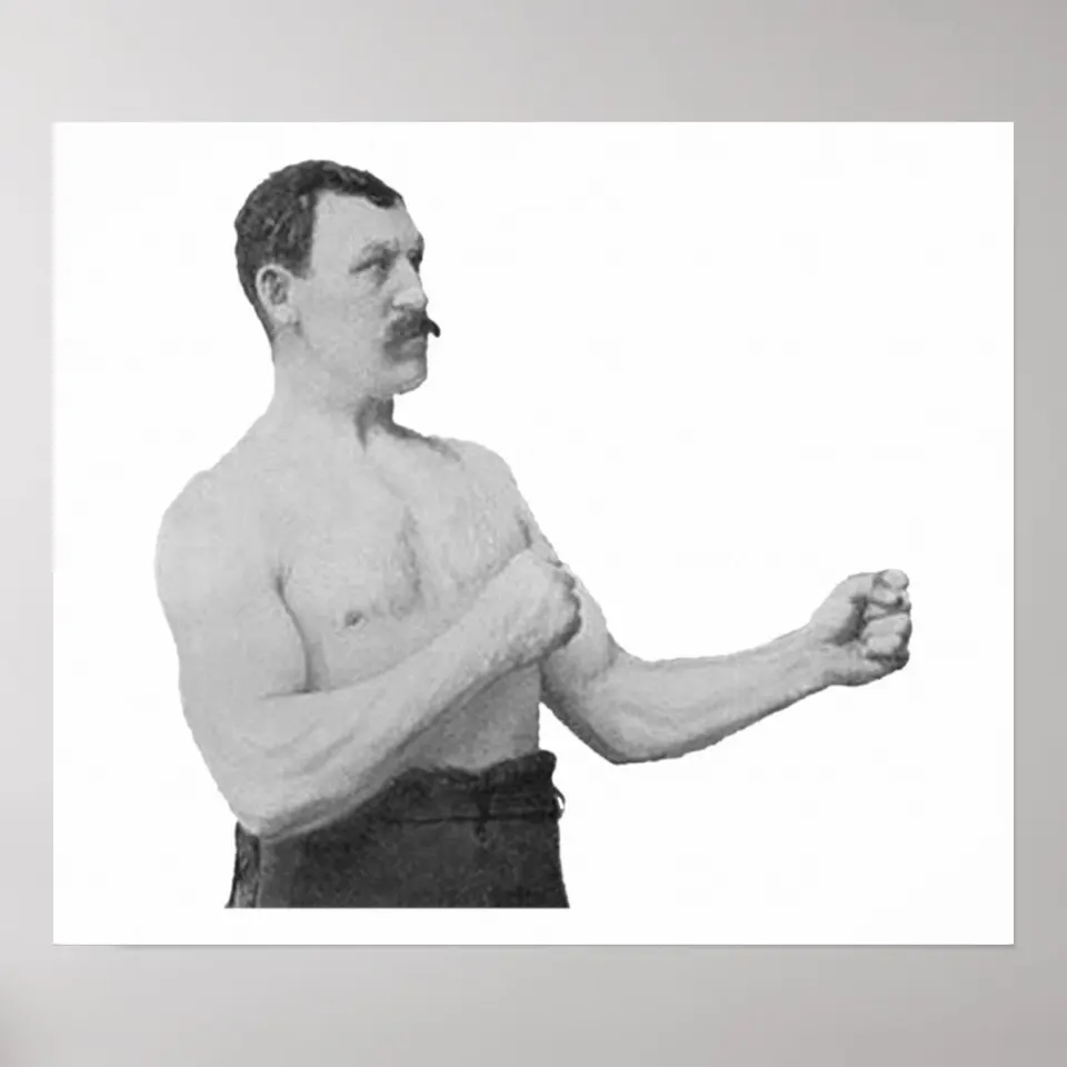 Vintage black-and-white photo of a shirtless mustachioed boxer with fists raised, printed as a white-bordered poster on gray