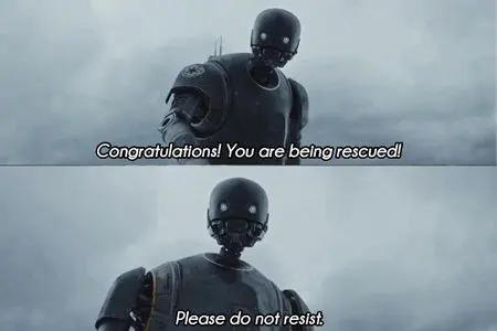 Two-panel still of a tall black droid against a grey sky, subtitled 'Congratulations! You are being rescued! Please do not resist.'