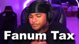 Streamer in a black durag and gaming headset looking down in a purple-lit room, with large white text "Fanum Tax"