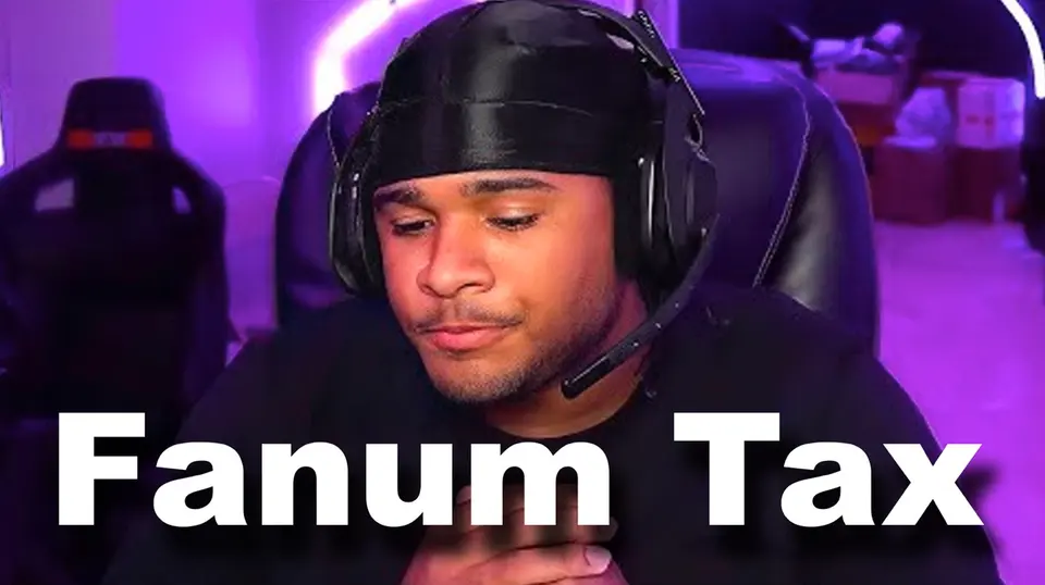 Streamer in a black durag and gaming headset looking down in a purple-lit room, with large white text "Fanum Tax"