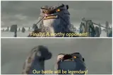 Two stacked film stills of an animated snow leopard with a straw in his teeth, subtitled "Finally! A worthy opponent!" and "Our battle will be legendary!"