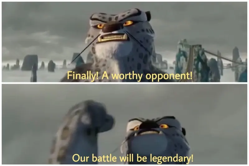 Two stacked film stills of an animated snow leopard with a straw in his teeth, subtitled "Finally! A worthy opponent!" and "Our battle will be legendary!"
