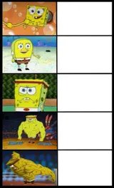 Blank five-panel template showing SpongeBob getting progressively more muscular beside empty white caption boxes