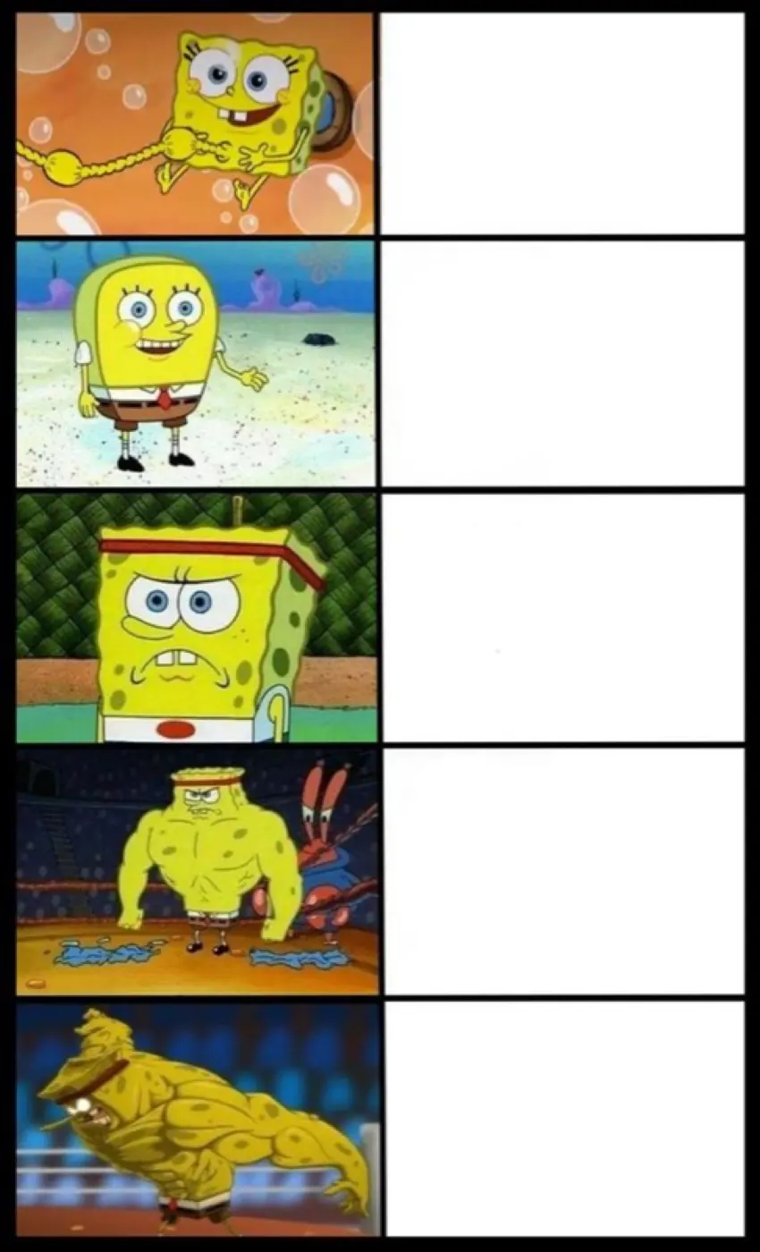 Blank five-panel template showing SpongeBob getting progressively more muscular beside empty white caption boxes