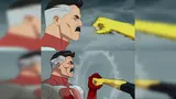 Two-panel cartoon: a stern moustached hero faces an incoming yellow fist, then catches it in his red glove
