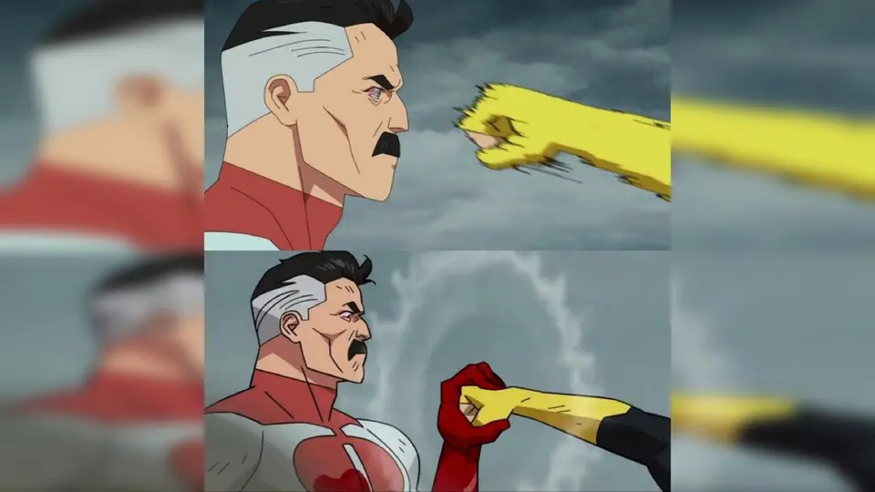 Two-panel cartoon: a stern moustached hero faces an incoming yellow fist, then catches it in his red glove
