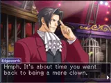 Ace Attorney's Edgeworth in a circus with a caged tiger, mocking someone as the entire circus
